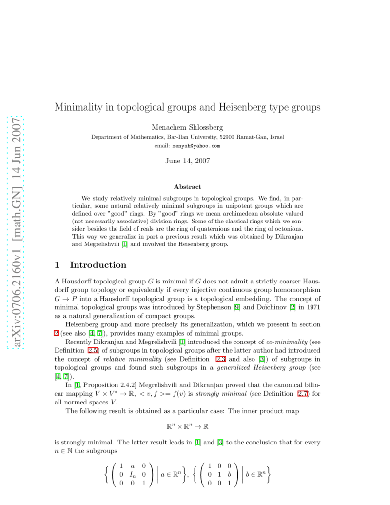 Minimality in topological groups and Heisenberg type groups