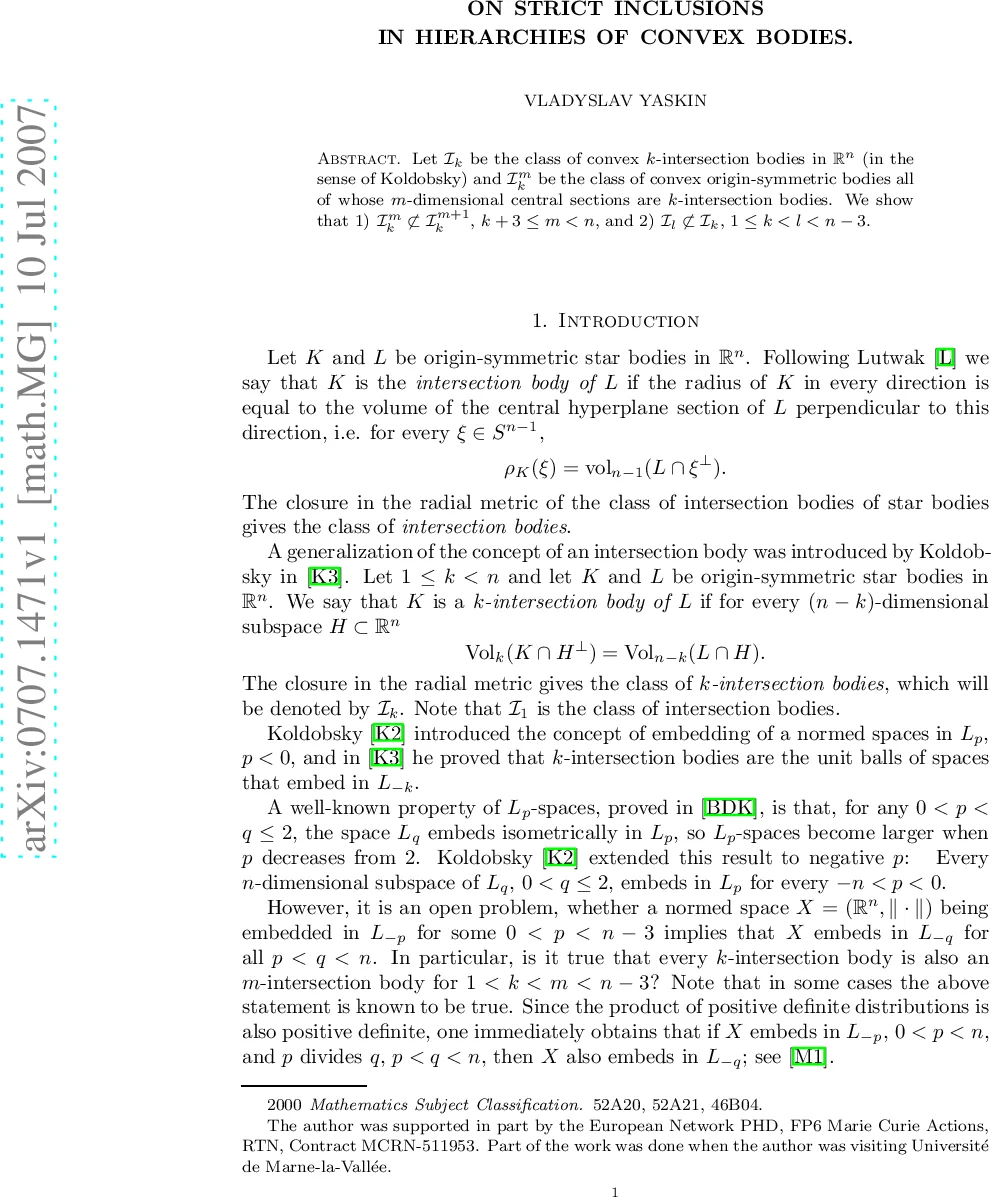 On strict inclusions in hierarchies of convex bodies