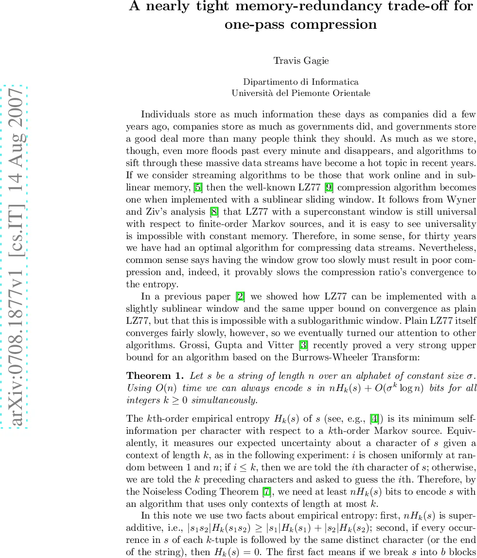 A nearly tight memory-redundancy trade-off for one-pass compression