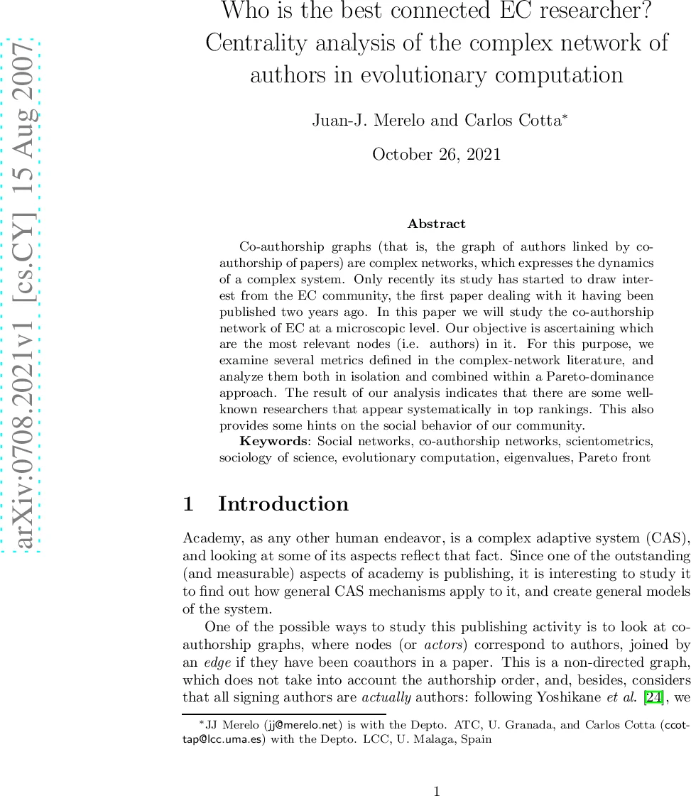 Who is the best connected EC researcher? Centrality analysis of the   complex network of authors in evolutionary computation