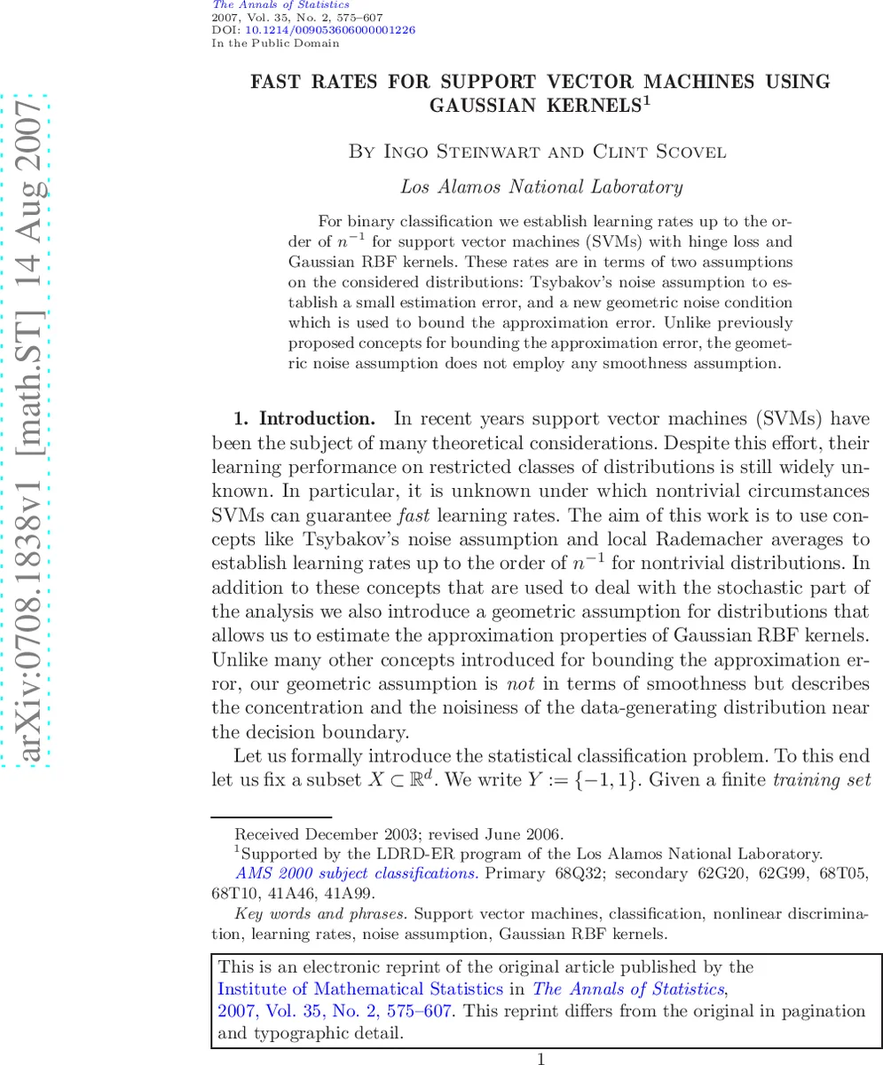 Fast rates for support vector machines using Gaussian kernels