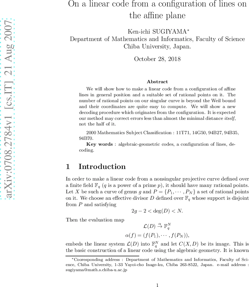On a linear code from a configuration of affine lines