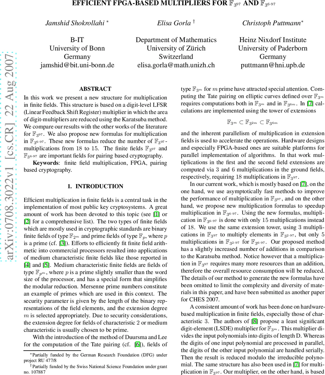 Efficient FPGA-based multipliers for F_{3^97} and F_{3^{6*97}}