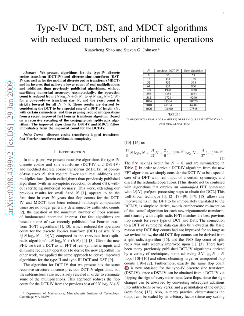 Type-IV DCT, DST, and MDCT algorithms with reduced numbers of arithmetic   operations
