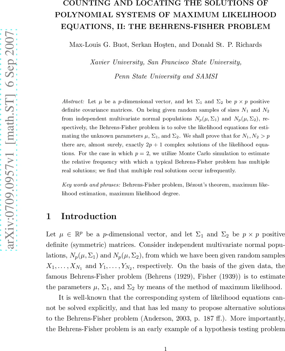 Counting and Locating the Solutions of Polynomial Systems of Maximum   Likelihood Equations, II: The Behrens-Fisher Problem