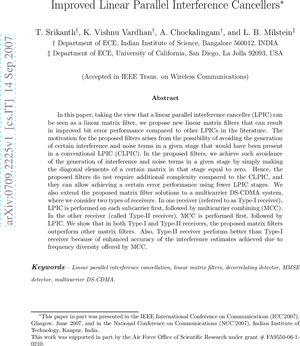 Improved Linear Parallel Interference Cancellers