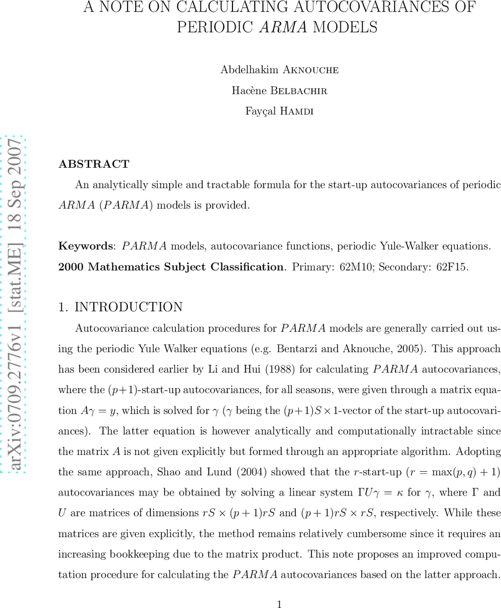 A note on calculating autocovariances of periodic ARMA models