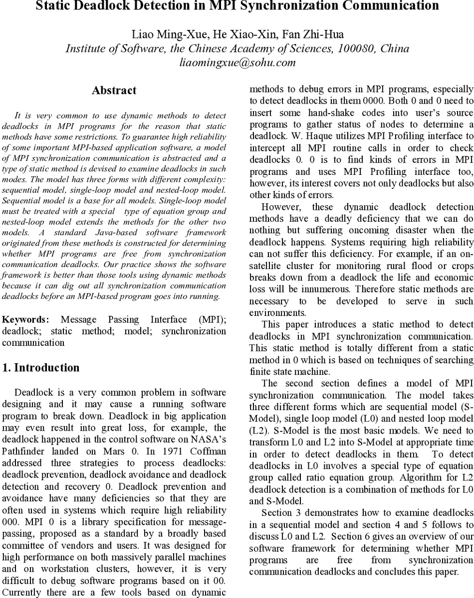 Static Deadlock Detection in MPI Synchronization Communication