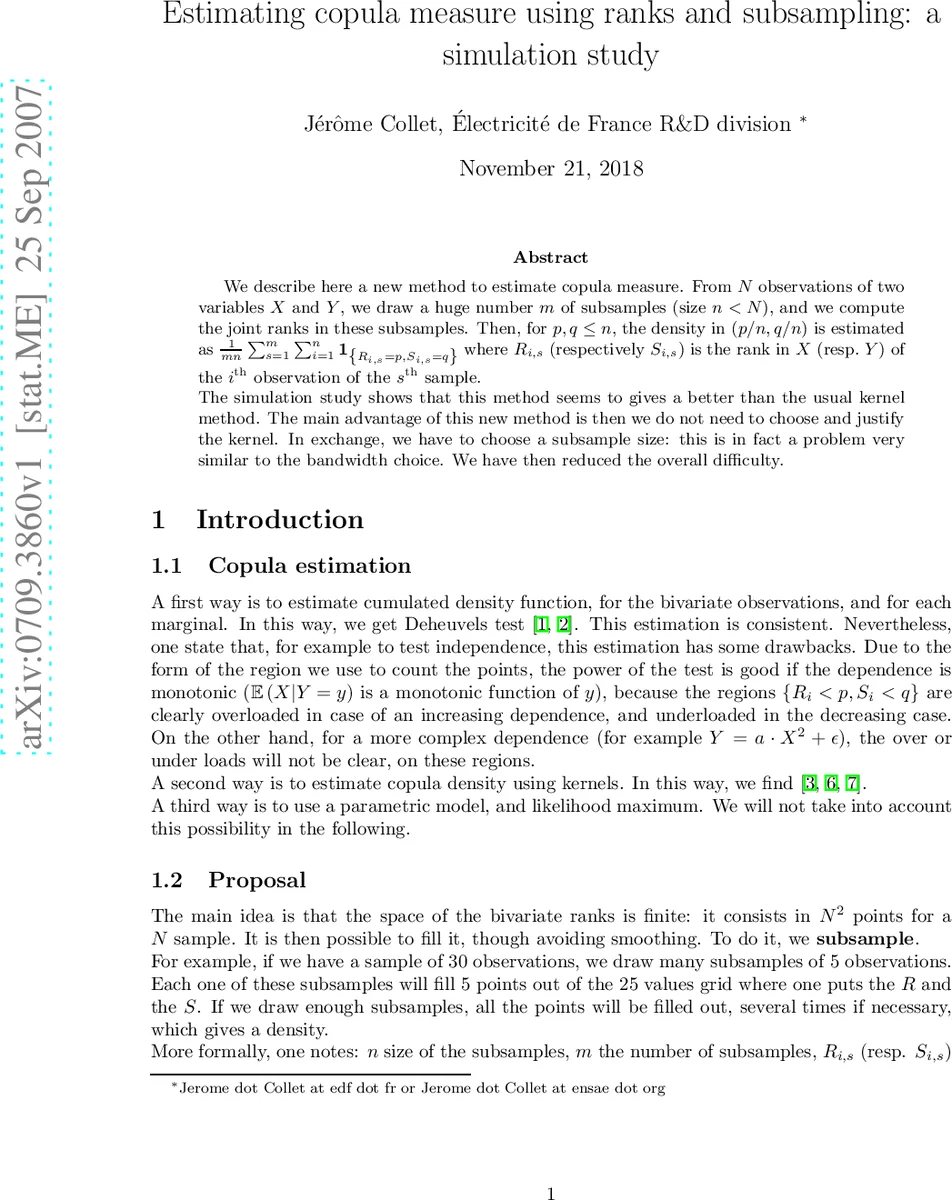 Estimating copula measure using ranks and subsampling: a simulation   study