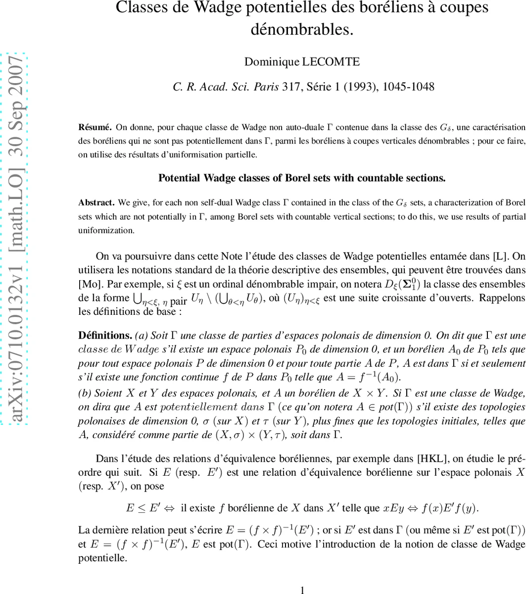 Classes de Wadge potentielles des boreliens `a coupes denombrables