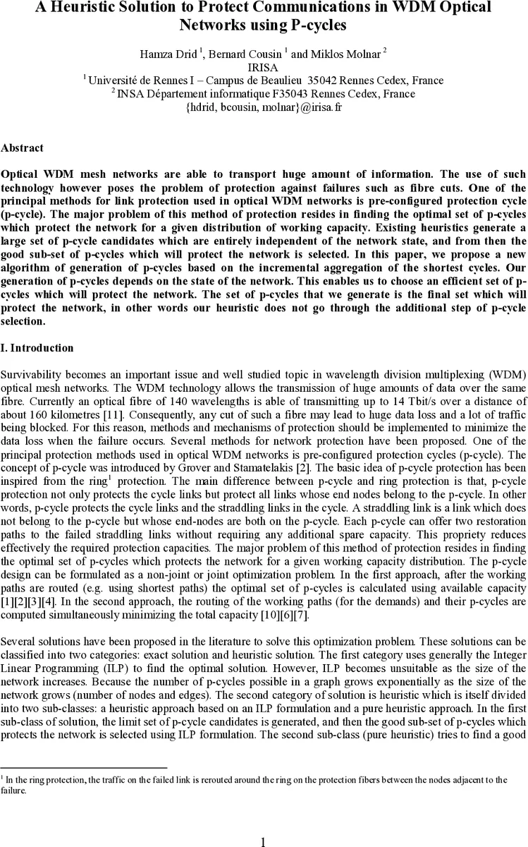 Heuristic Solution to Protect Communications in WDM Networks using   P-cycles