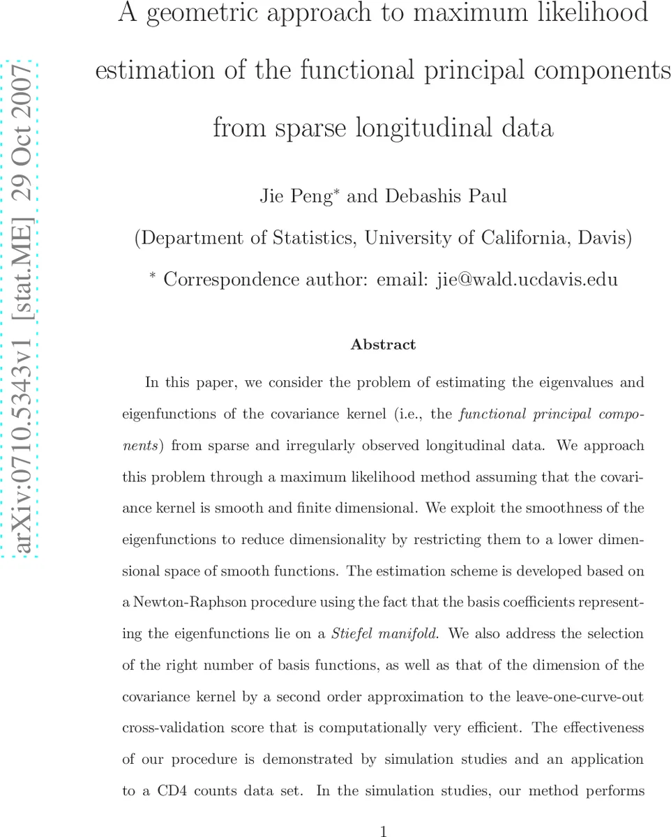 A geometric approach to maximum likelihood estimation of the functional   principal components from sparse longitudinal data