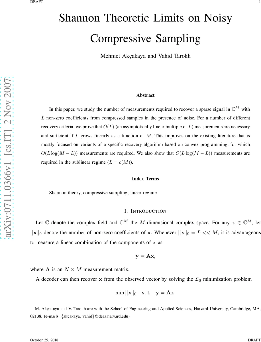Shannon Theoretic Limits on Noisy Compressive Sampling