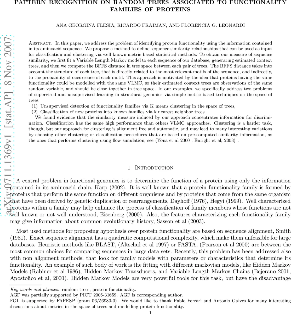 Pattern recognition on random trees associated to protein functionality   families