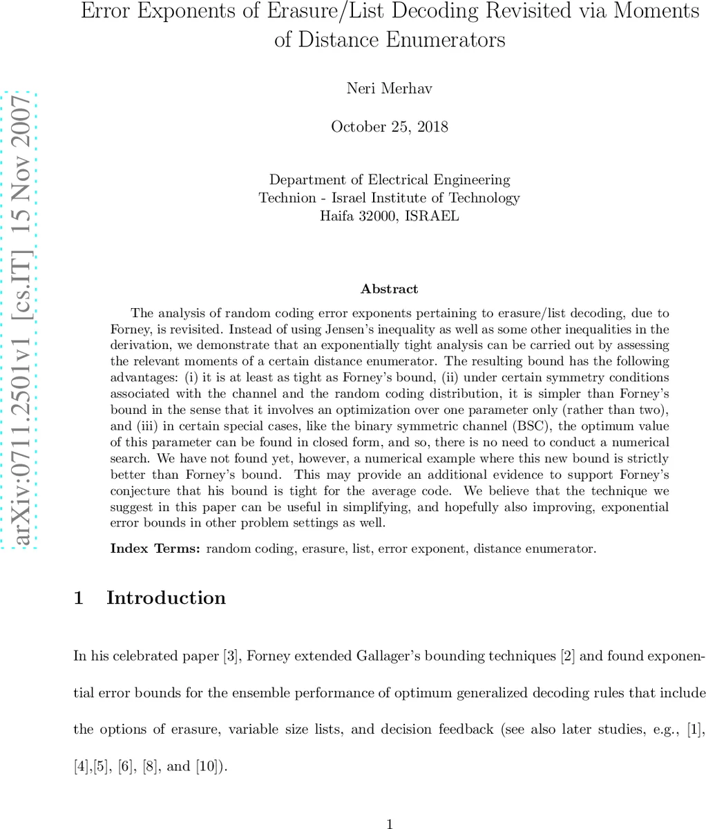 Error Exponents of Erasure/List Decoding Revisited via Moments of   Distance Enumerators