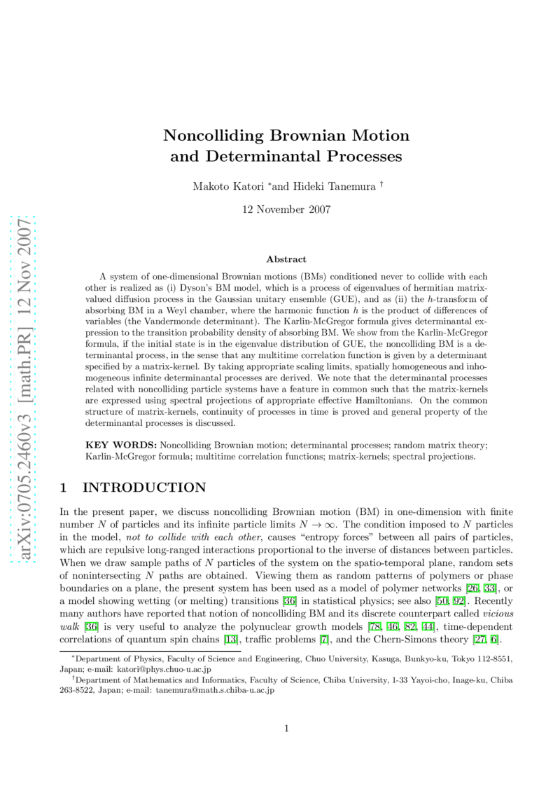 Noncolliding Brownian Motion and Determinantal Processes