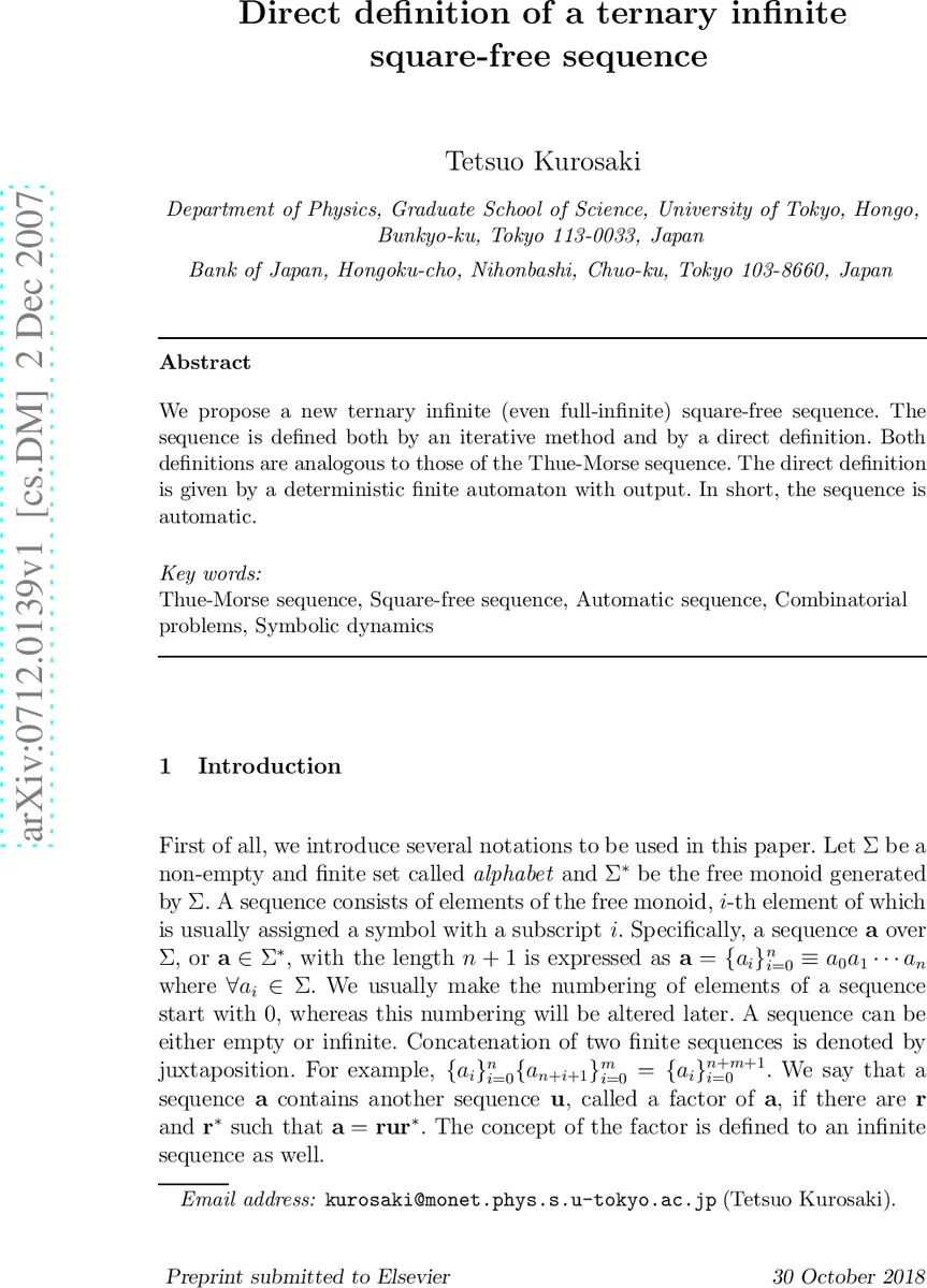 Direct definition of a ternary infinite square-free sequence