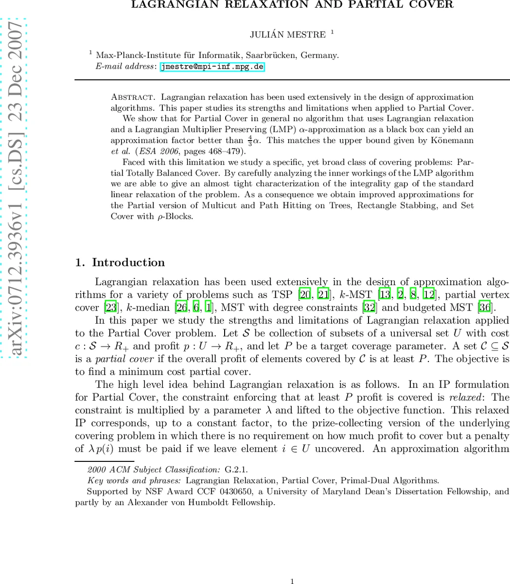Lagrangian Relaxation and Partial Cover