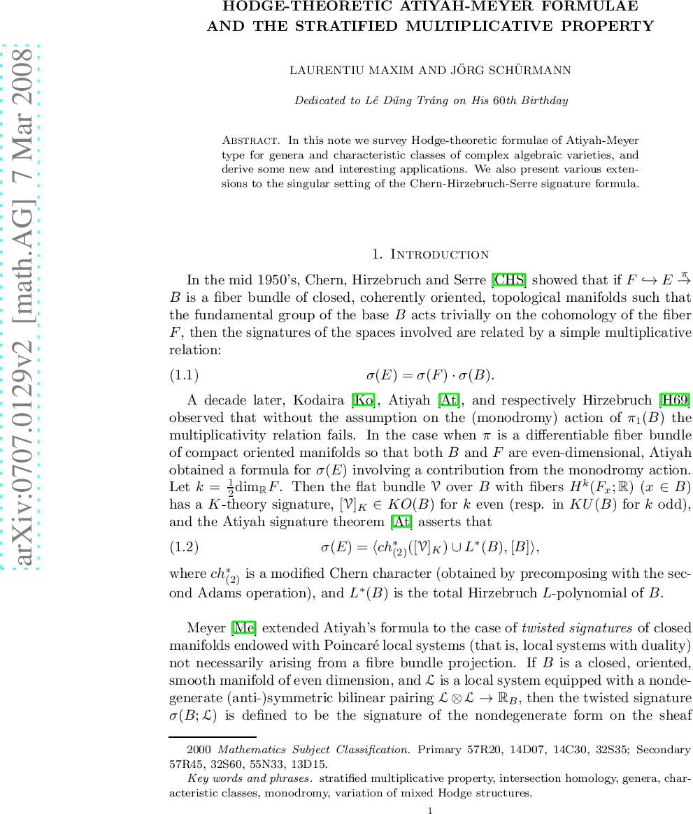 Hodge-theoretic Atiyah-Meyer formulae and the stratified multiplicative   property