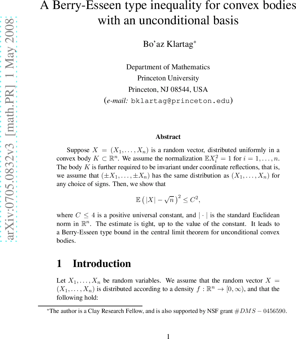 A Berry-Esseen type inequality for convex bodies with an unconditional   basis