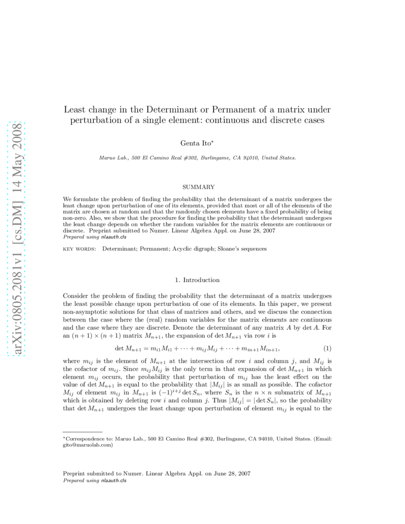Least change in the Determinant or Permanent of a matrix under   perturbation of a single element: continuous and discrete cases
