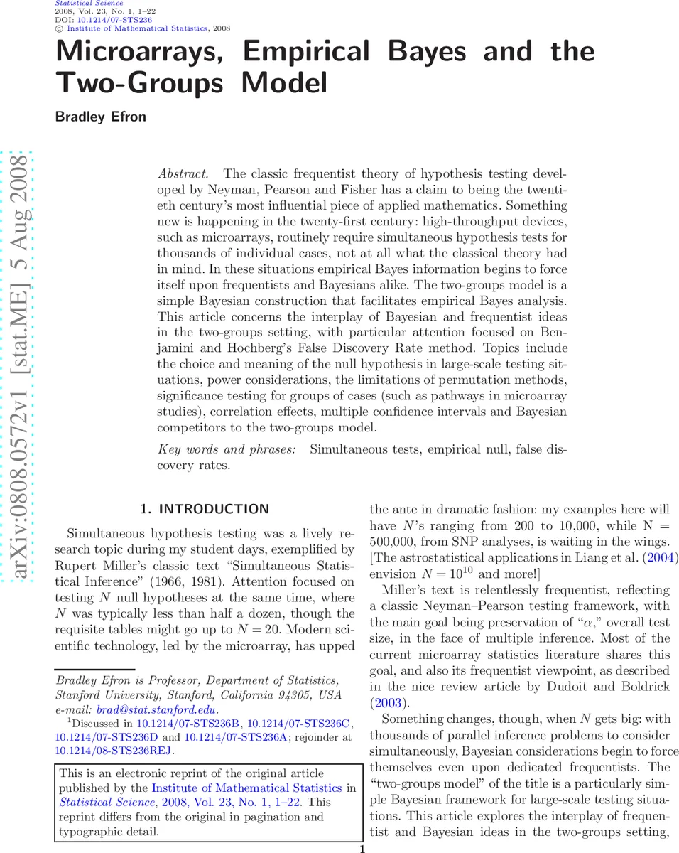 Microarrays, Empirical Bayes and the Two-Groups Model