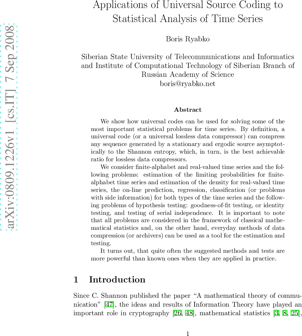 Applications of Universal Source Coding to Statistical Analysis of Time   Series