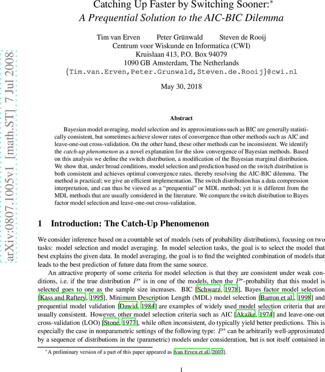 Catching Up Faster by Switching Sooner: A Prequential Solution to the   AIC-BIC Dilemma