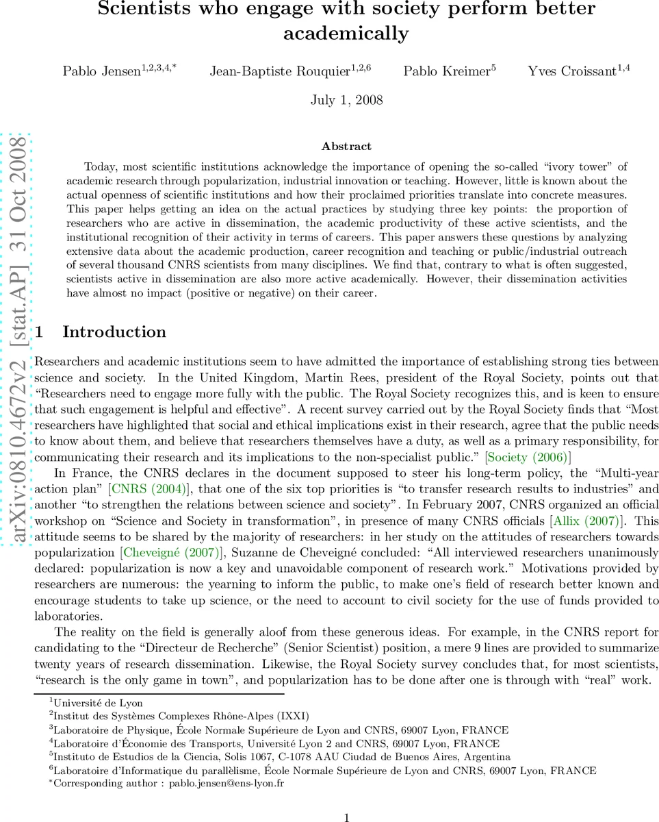 Scientists who engage with society perform better academically