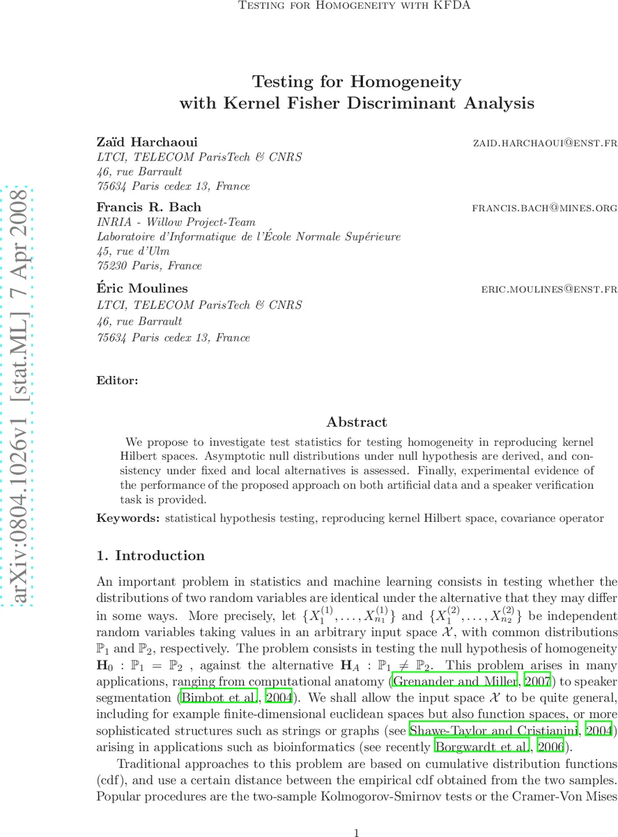 Testing for Homogeneity with Kernel Fisher Discriminant Analysis