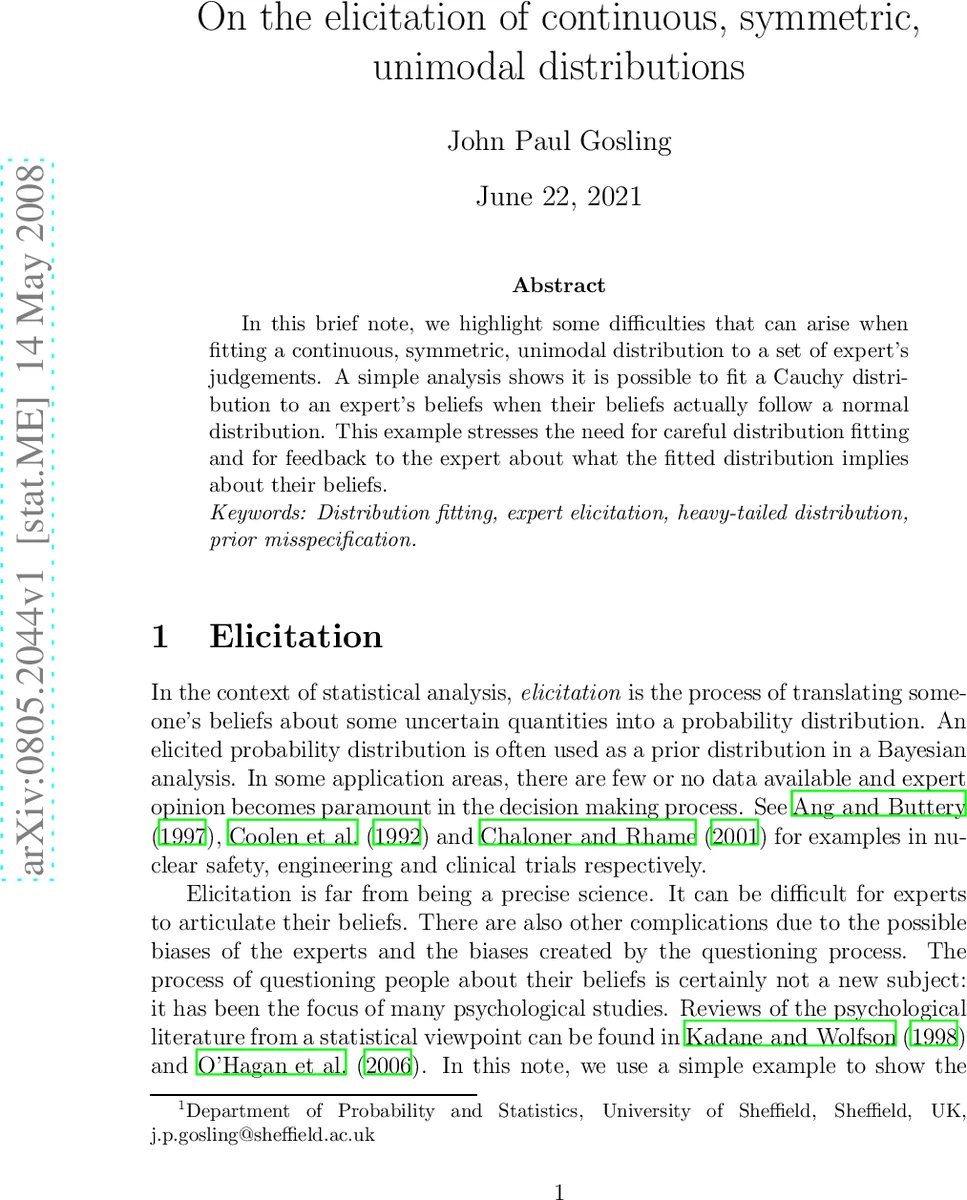 On the elicitation of continuous, symmetric, unimodal distributions