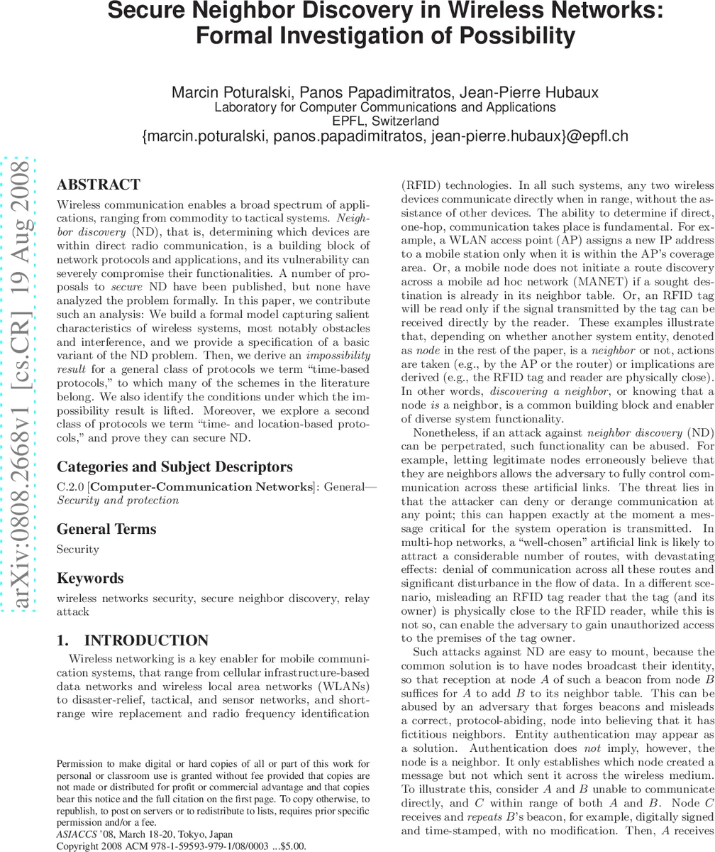 Secure Neighbor Discovery in Wireless Networks: Formal Investigation of   Possibility