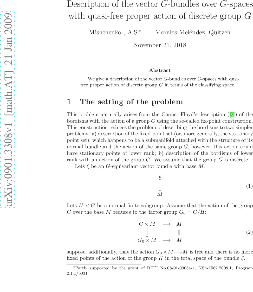 Description of the vector $G$-bundles over $G$-spaces with quasi-free   proper action of discrete group $G$