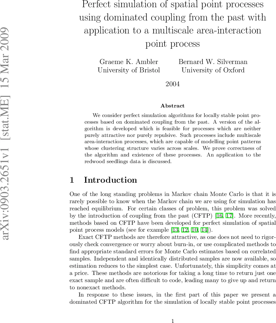 Perfect simulation of spatial point processes using dominated coupling   from the past with application to a multiscale area-interaction point process