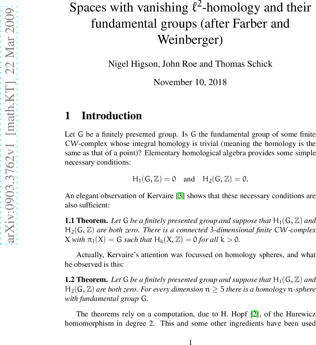 Spaces with vanishing $lsp 2$-homology and their fundamental groups   (after Farber and Weinberger)