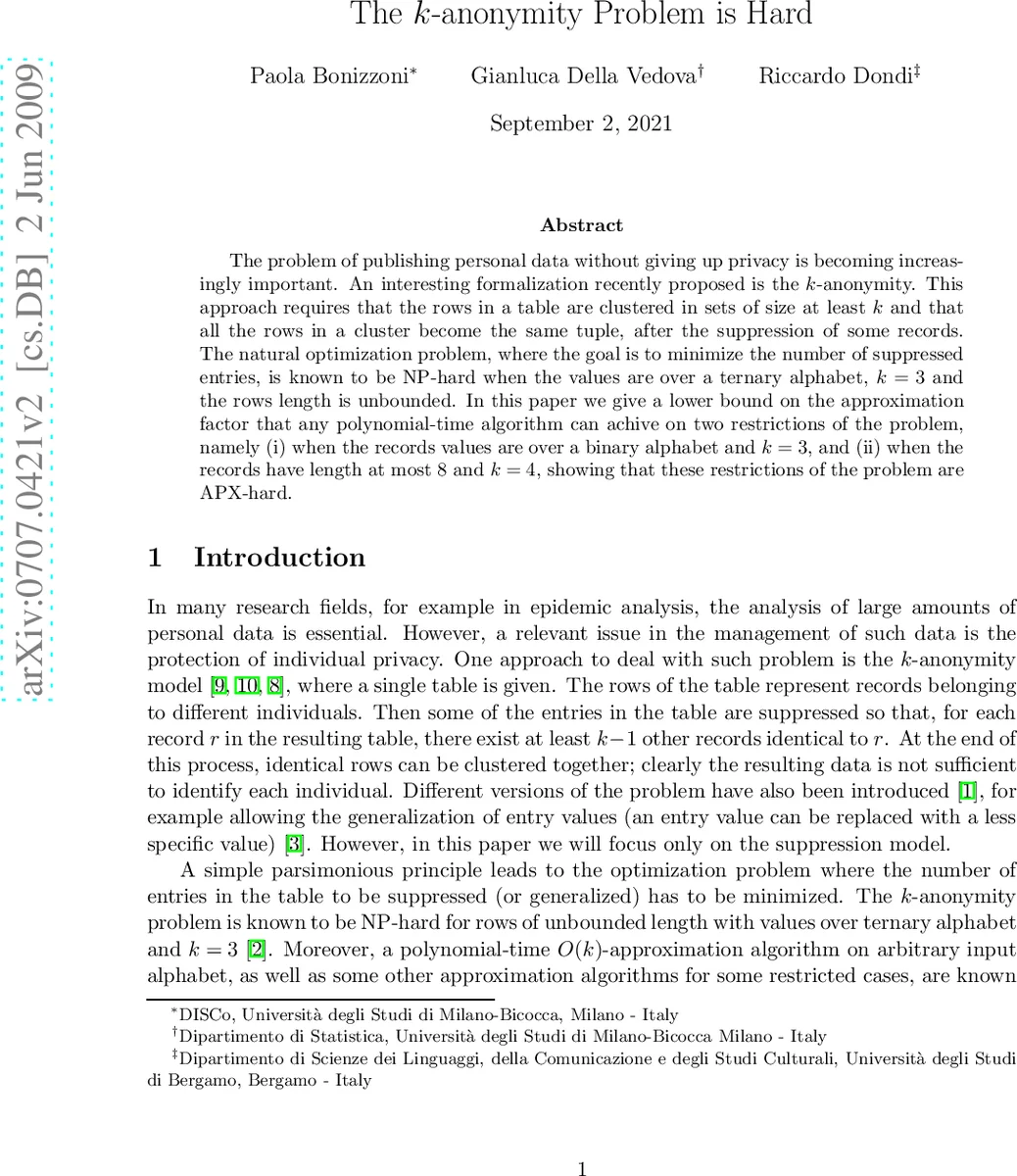 The $k$-anonymity Problem is Hard