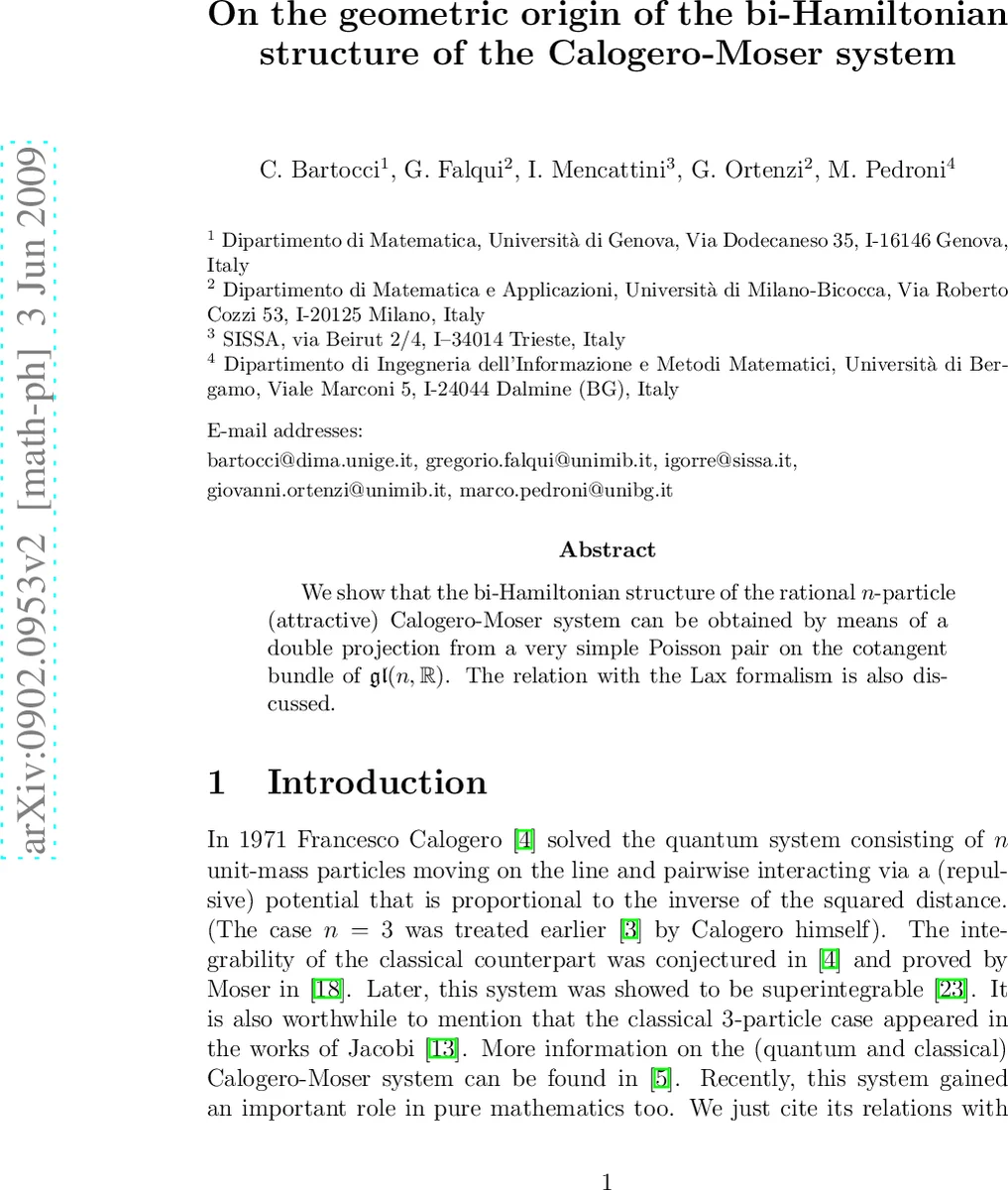 On the geometric origin of the bi-Hamiltonian structure of the   Calogero-Moser system