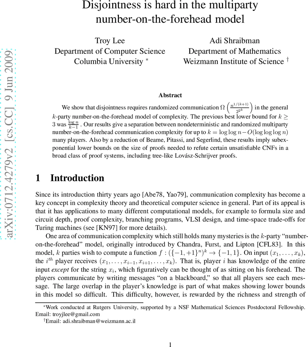 Disjointness is hard in the multi-party number on the forehead model
