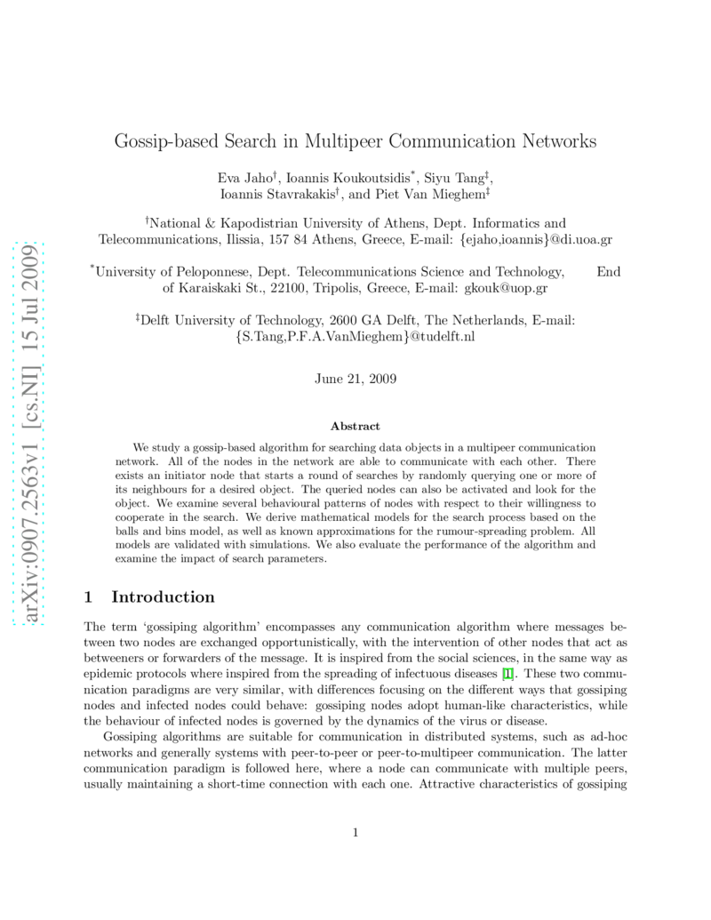 Gossip-based Search in Multipeer Communication Networks