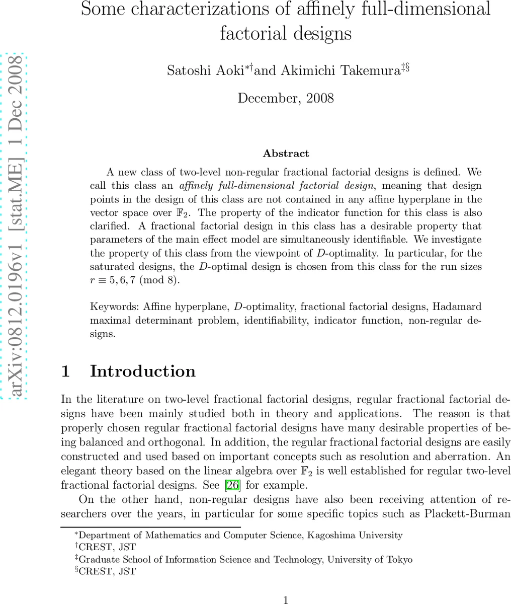 Some characterizations of affinely full-dimensional factorial designs