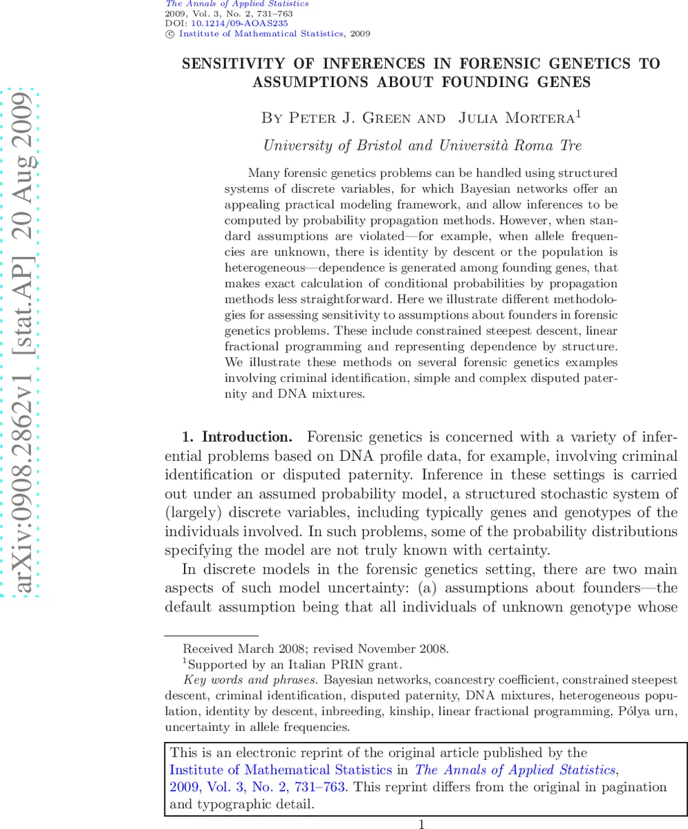 Sensitivity of inferences in forensic genetics to assumptions about   founding genes