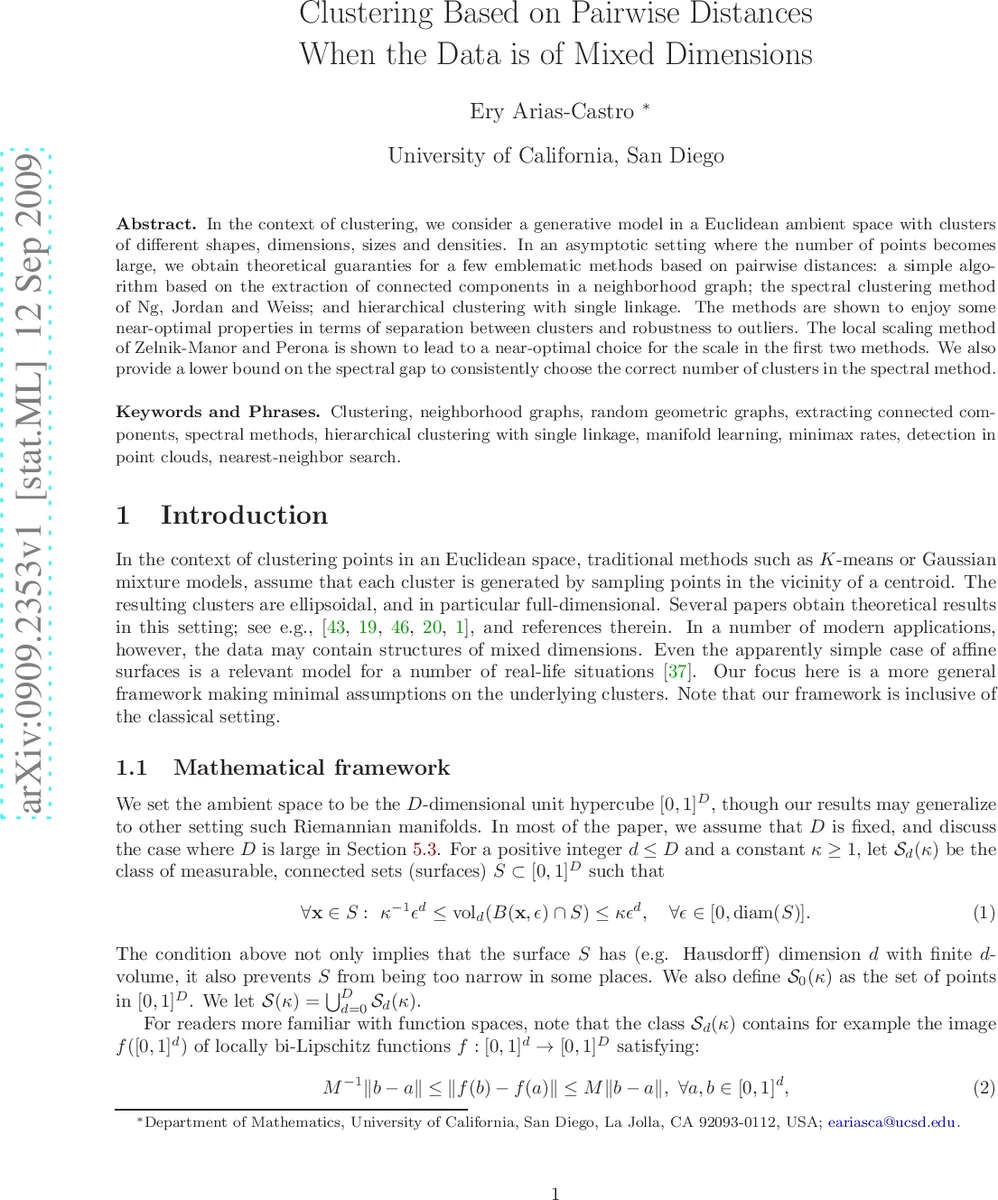 Clustering Based on Pairwise Distances When the Data is of Mixed   Dimensions