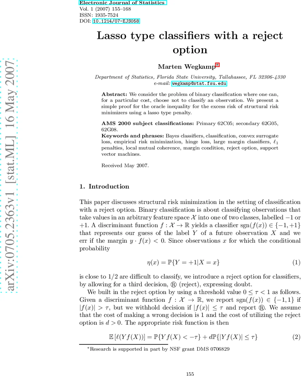 Lasso type classifiers with a reject option
