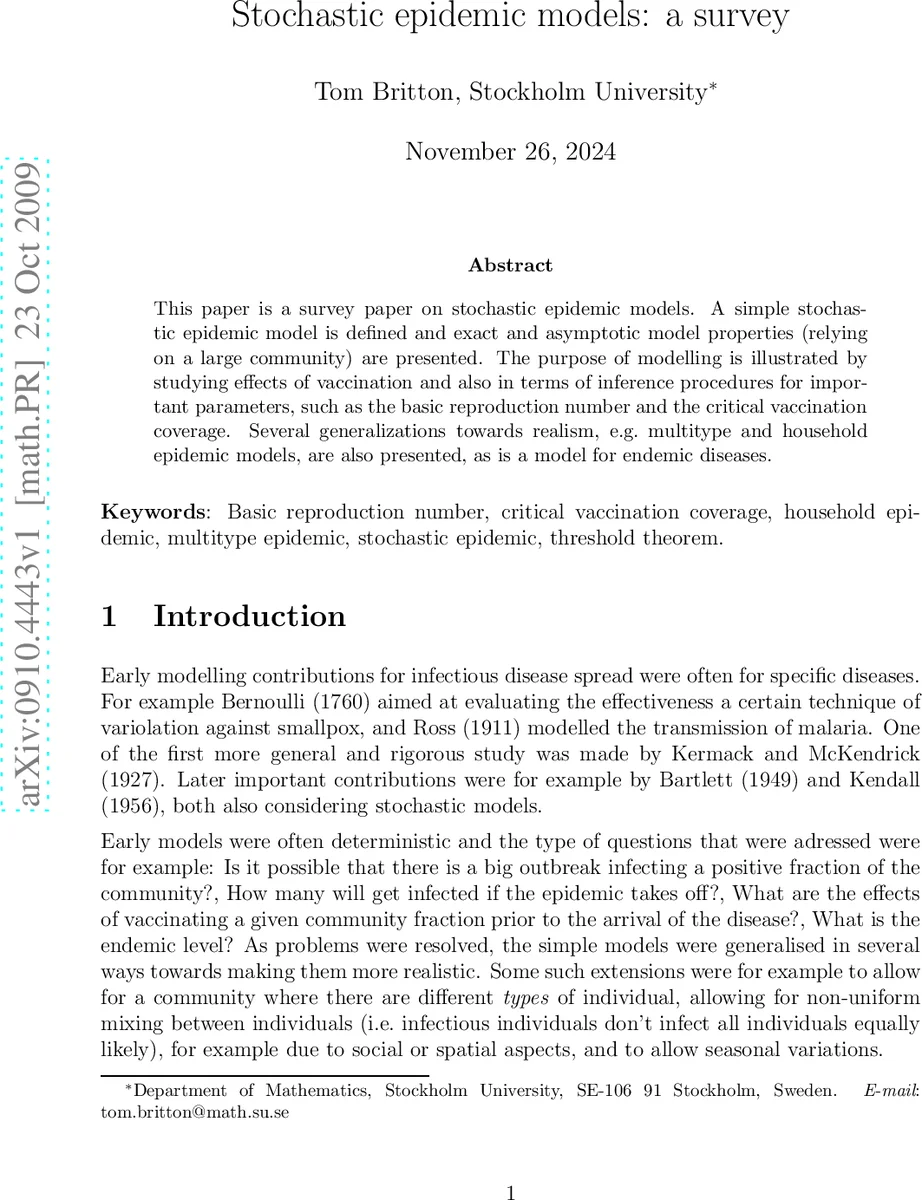 Stochastic epidemic models: a survey