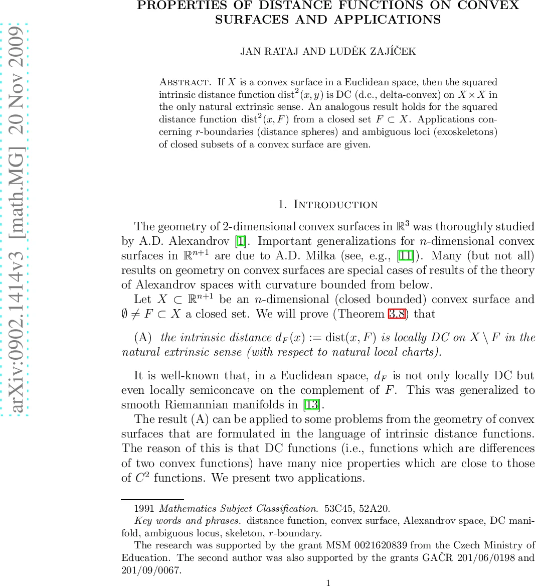 Properties of distance functions on convex surfaces and applications