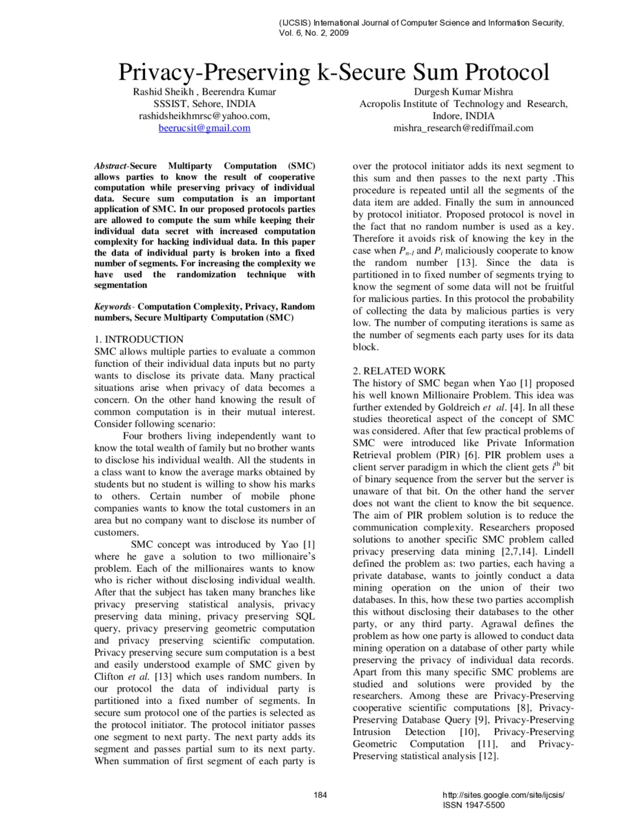 Privacy Preserving k Secure Sum Protocol