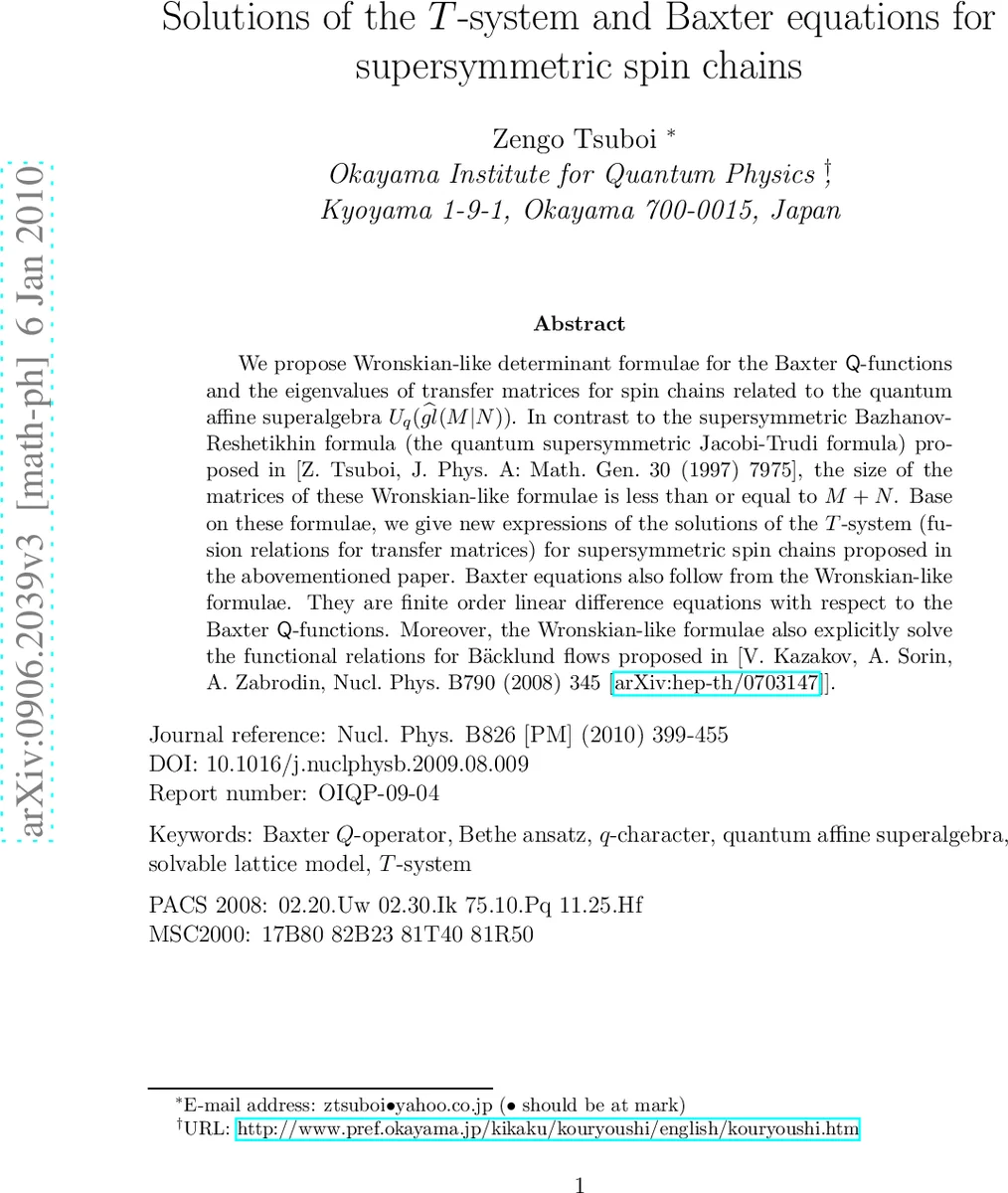 Solutions of the T-system and Baxter equations for supersymmetric spin   chains