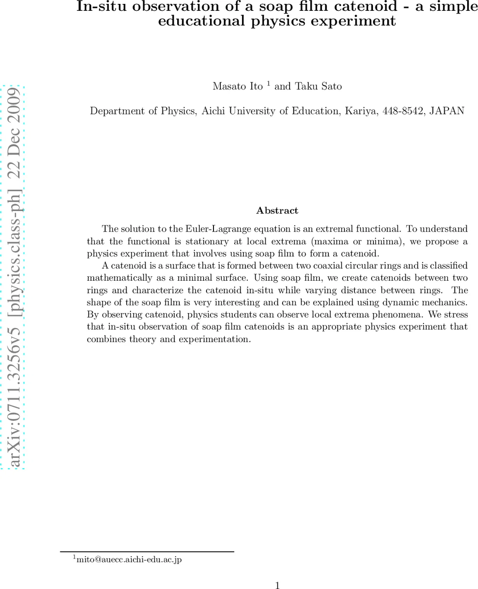 In-situ observation of a soap film catenoid - a simple educational   physics experiment