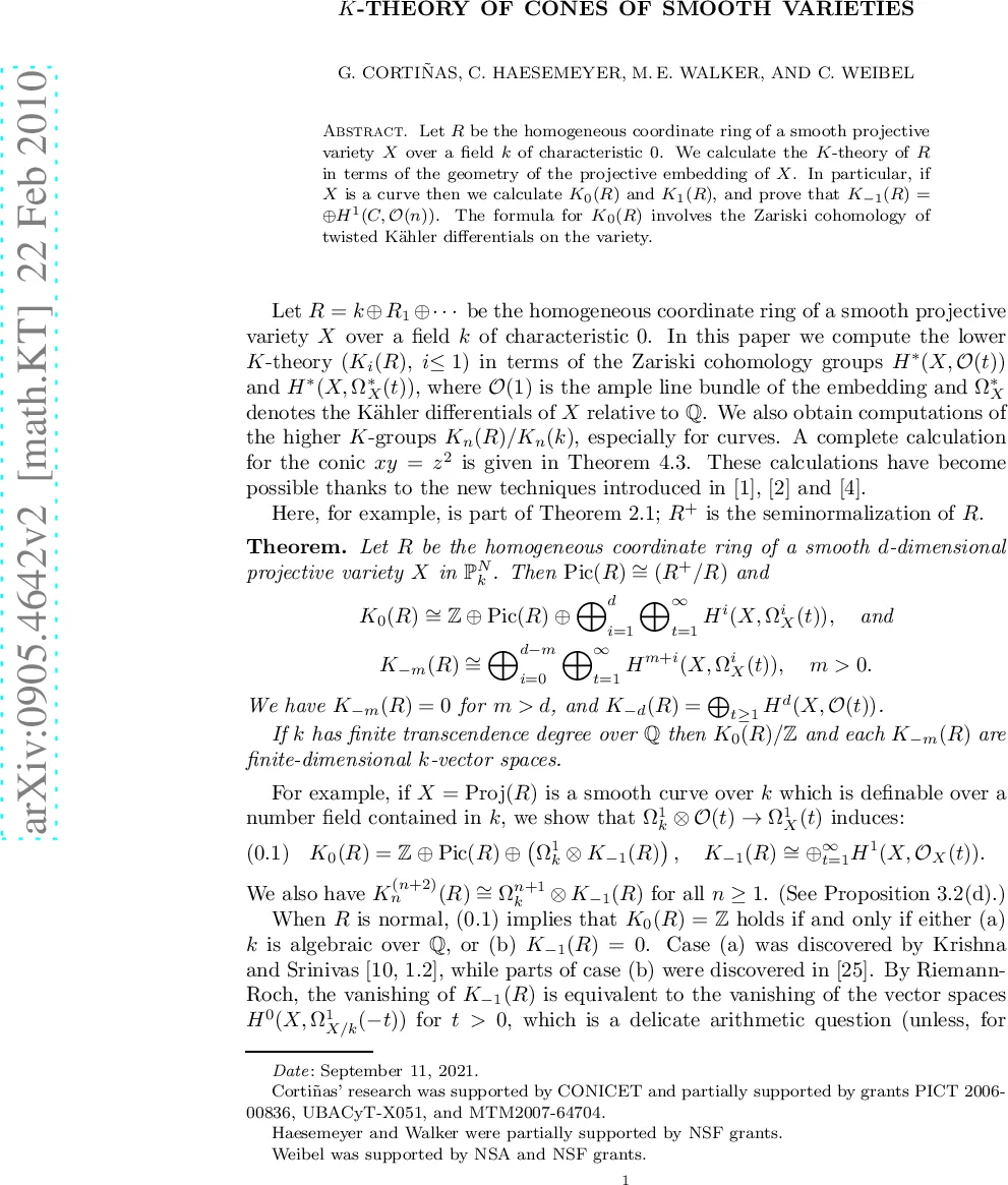 $K$-theory of cones of smooth varieties