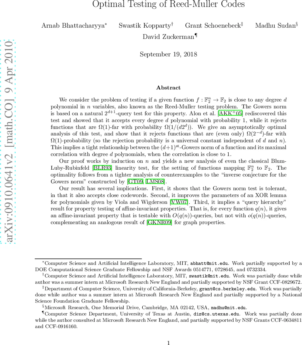 Optimal Testing of Reed-Muller Codes